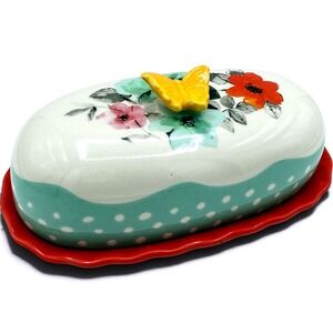 The Pioneer Woman Flea Market Floral Butter Dish Butterfly Red Turquoise 6.5"
